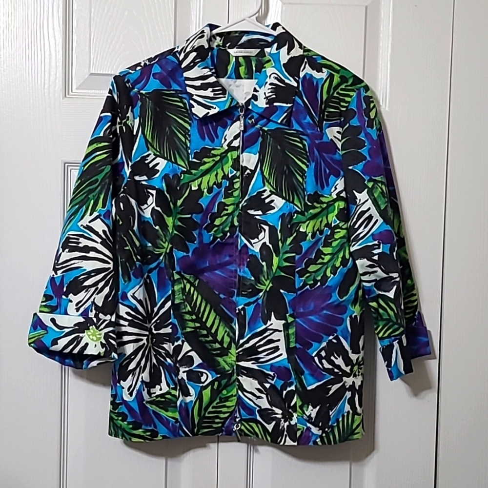 Blue, Green & White Tropical Design Blazer Jacket, Size Medium, Like New Cond
